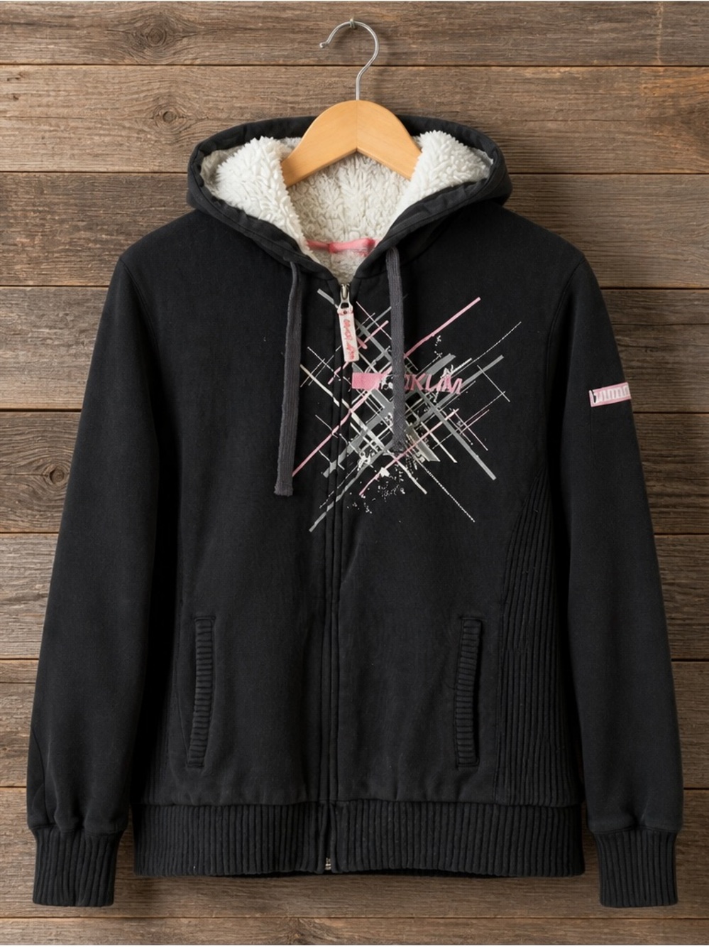Klim Black Hooded Sherpa-Lined Puffer Jacket with Pink Graphic